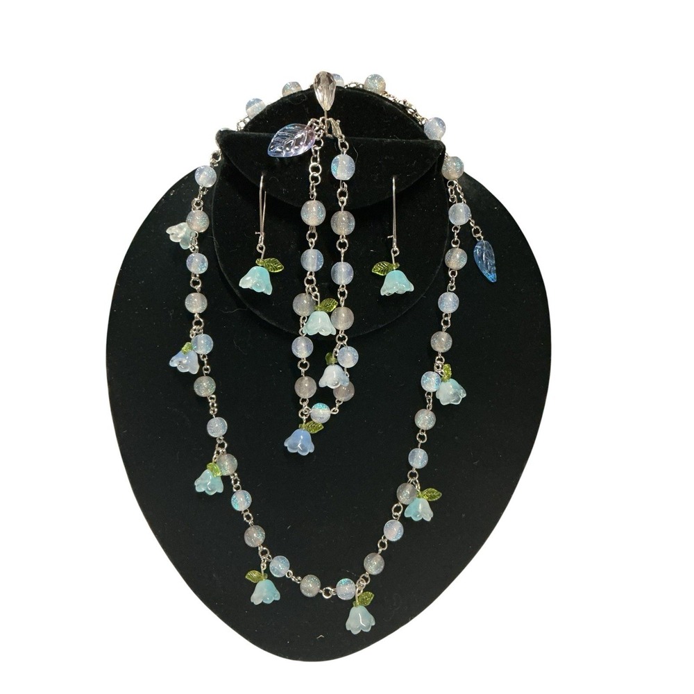 Glow Jewelry Set Blue Bellflowers Or‎ Lilly Of The Valley Clear Beads